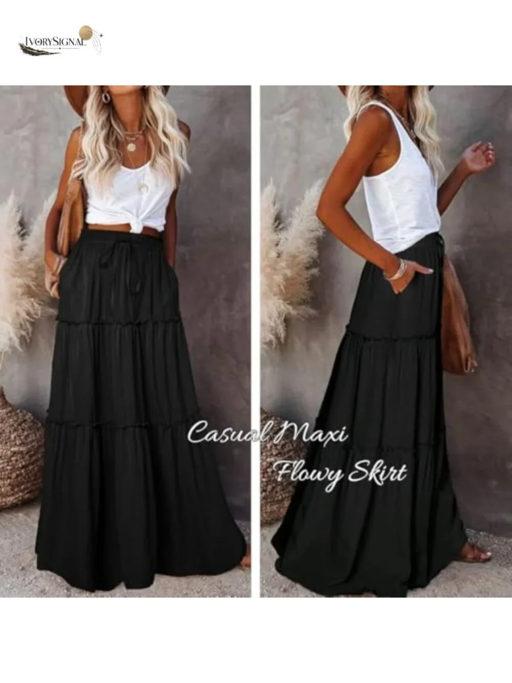 Boho Maxi Skirt for Women High Waist Flowy Long Tiered Skirt with Pockets